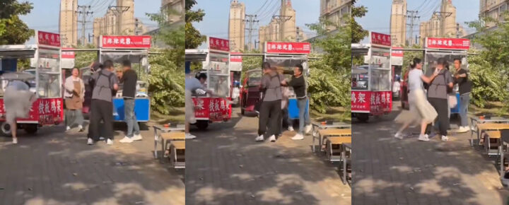 路边摊贩混战上演名场面女摊主内裤锁喉魔法攻击